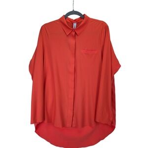 Athleta Urbanite Button Up Long Sleeve Shirt Hi-Lo Hem Orange Neon Medium Preppy